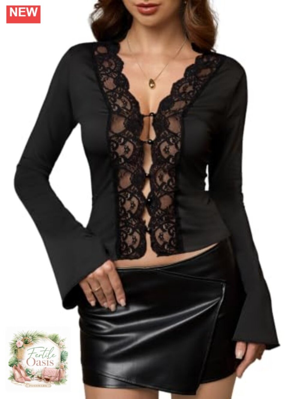 Y2K Lace Trim Bell Sleeve Button Up Blouse V-Neck